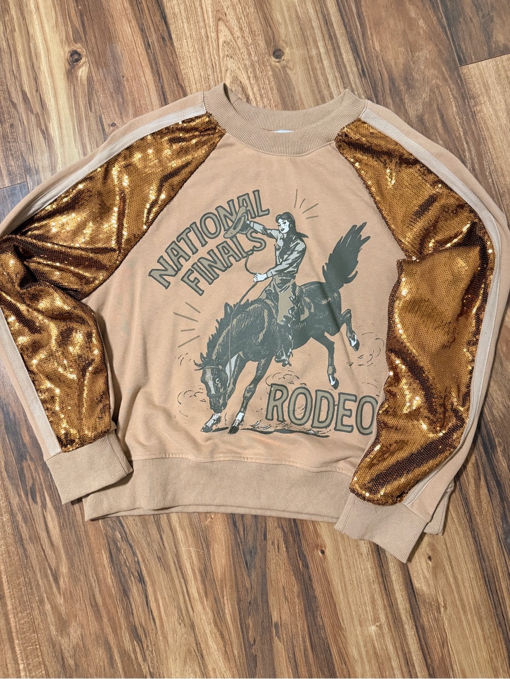 Rodeo Quincy NFR Sequin-Sleeve Rodeo Sweatshirt in Tan size Medium